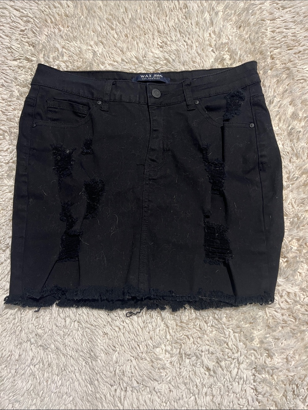 Wax Jean Black Distressed Raw-Hem Denim Mini Skirt